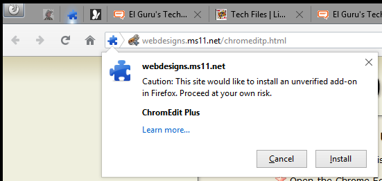 Warning when attempting to install an unsigned extension.